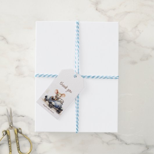 Schattigee Waterverf Mouse in Blue Car Baby shower Cadeaulabel (Met Touw)