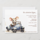 Schattigee Waterverf Mouse in Blue Car Baby shower Kaart (Voorkant)