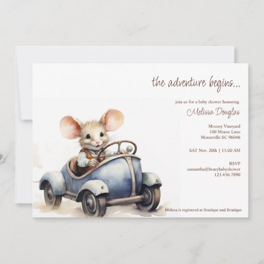 Schattigee Waterverf Mouse in Blue Car Baby shower Kaart (Voorkant)