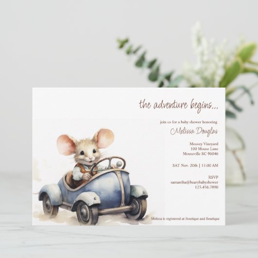 Schattigee Waterverf Mouse in Blue Car Baby shower Kaart (Staand voorkant)