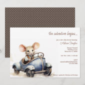Schattigee Waterverf Mouse in Blue Car Baby shower Kaart (Voorkant / Achterkant)