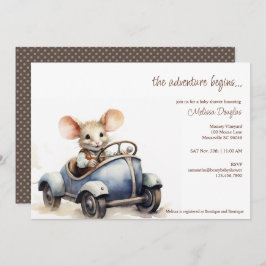 Schattigee Waterverf Mouse in Blue Car Baby shower Kaart