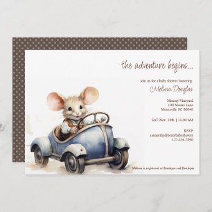 Schattigee Waterverf Mouse in Blue Car Baby shower Kaart