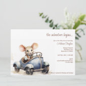 Schattigee Waterverf Mouse in Blue Car Baby shower Kaart (Staand voorkant)
