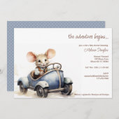 Schattigee Waterverf Mouse in Blue Car Baby shower Kaart (Voorkant / Achterkant)