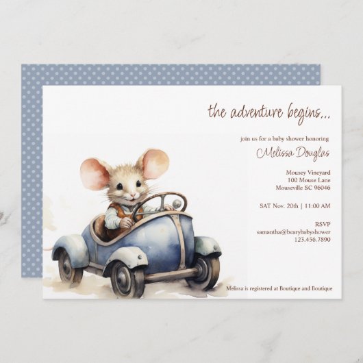Schattigee Waterverf Mouse in Blue Car Baby shower Kaart (Voorkant / Achterkant)