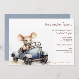 Schattigee Waterverf Mouse in Blue Car Baby shower Kaart