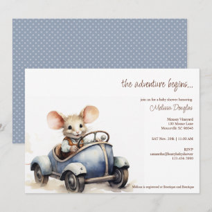 Schattigee Waterverf Mouse in Blue Car Baby shower Kaart