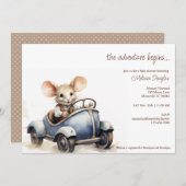 Schattigee Waterverf Mouse in Blue Car Baby shower Kaart (Voorkant / Achterkant)