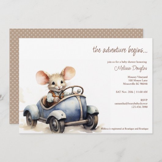 Schattigee Waterverf Mouse in Blue Car Baby shower Kaart (Voorkant / Achterkant)