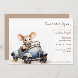 Schattigee Waterverf Mouse in Blue Car Baby shower Kaart