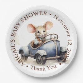 Schattigee Waterverf Mouse in Blue Car Baby shower Papieren Bordje