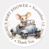 Schattigee Waterverf Mouse in Blue Car Baby shower Ronde Sticker (Voorkant)