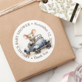 Schattigee Waterverf Mouse in Blue Car Baby shower Ronde Sticker