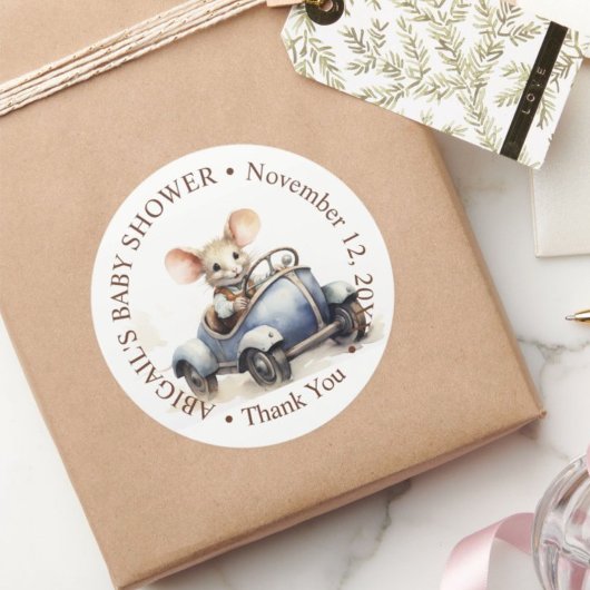 Schattigee Waterverf Mouse in Blue Car Baby shower Ronde Sticker