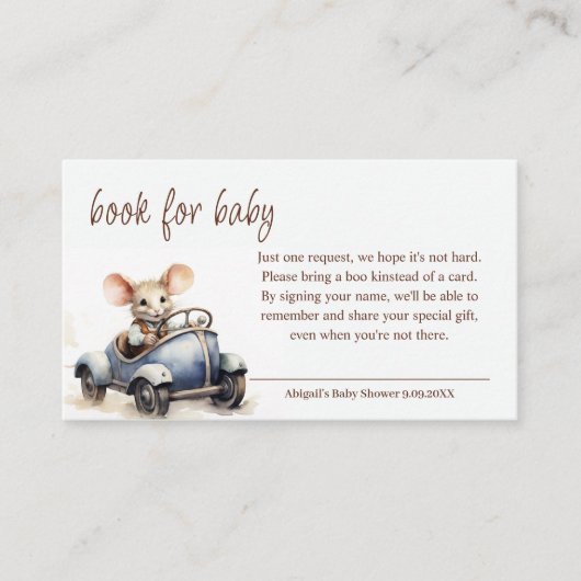 Schattigee Waterverf Mouse in Blue Car Book voor B Informatiekaartje (Voorkant)