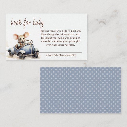 Schattigee Waterverf Mouse in Blue Car Book voor B Informatiekaartje (Voorkant / Achterkant)