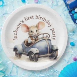 Schattigee Waterverf Mouse in Blue Car Eerste Verj Papieren Bordje