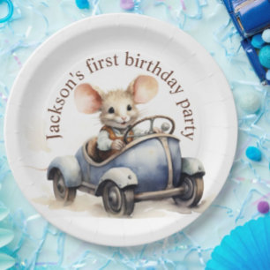 Schattigee Waterverf Mouse in Blue Car Eerste Verj Papieren Bordje