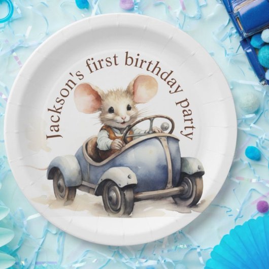 Schattigee Waterverf Mouse in Blue Car Eerste Verj Papieren Bordje