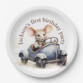 Schattigee Waterverf Mouse in Blue Car Eerste Verj Papieren Bordje (Voorkant)