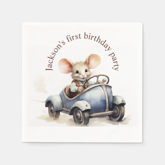 Schattigee Waterverf Mouse in Blue Car Eerste Verj Servet (Voorkant)