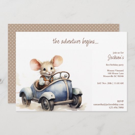 Schattigee Waterverf Mouse in Blue Kind's verjaard Kaart (Voorkant / Achterkant)