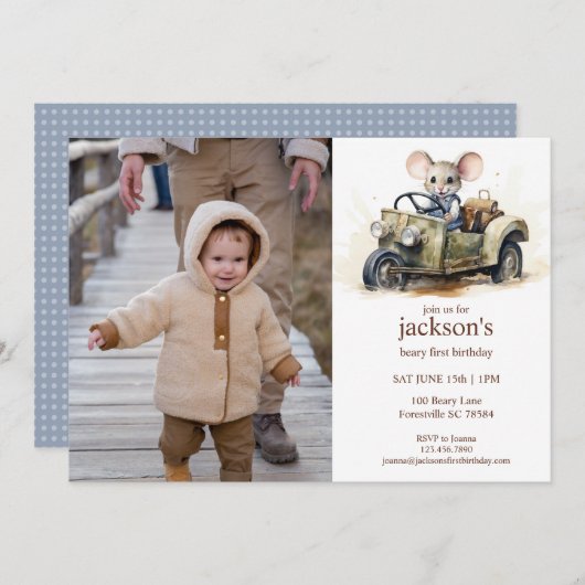 Schattigee Waterverf Mouse in Groene Auto 1e Verja Kaart (Voorkant / Achterkant)