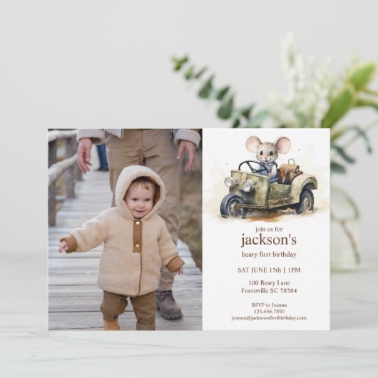 Schattigee Waterverf Mouse in Groene Auto 1e Verja Kaart (Staand voorkant)