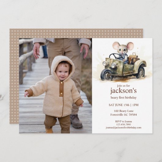 Schattigee Waterverf Mouse in Groene Auto 1e Verja Kaart (Voorkant / Achterkant)