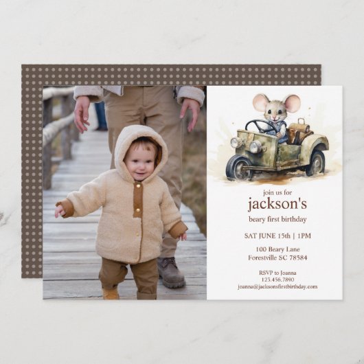 Schattigee Waterverf Mouse in Groene Auto 1e Verja Kaart (Voorkant / Achterkant)