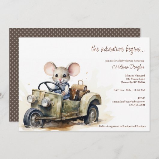 Schattigee Waterverf Mouse in Groene Auto Baby sho Kaart (Voorkant / Achterkant)