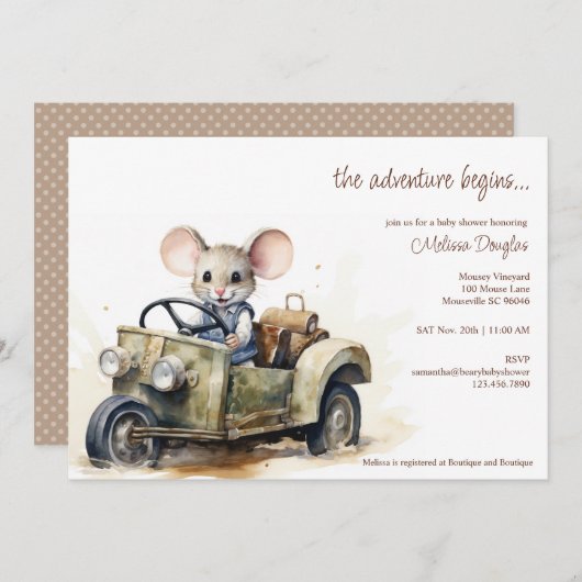 Schattigee Waterverf Mouse in Groene Auto Baby sho Kaart (Voorkant / Achterkant)