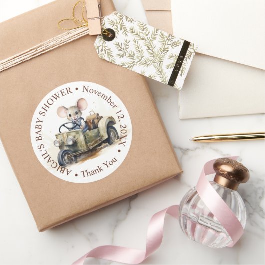 Schattigee Waterverf Mouse in Groene Auto Baby sho Ronde Sticker (Geschenken)