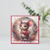 Schattigee Waterverf Mouse Rood Hart Bloemen Valen Feestdagenkaart (Staand voorkant)