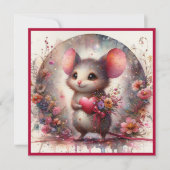 Schattigee Waterverf Mouse Rood Hart Bloemen Valen Feestdagenkaart (Voorkant)