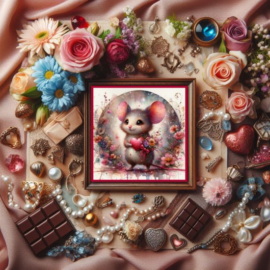 Schattigee Waterverf Mouse Rood Hart Bloemen Valen Feestdagenkaart