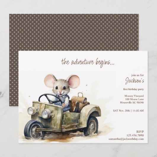 Schattigee Waterverf Muis in Green Car Kind Verjaa Kaart (Voorkant / Achterkant)