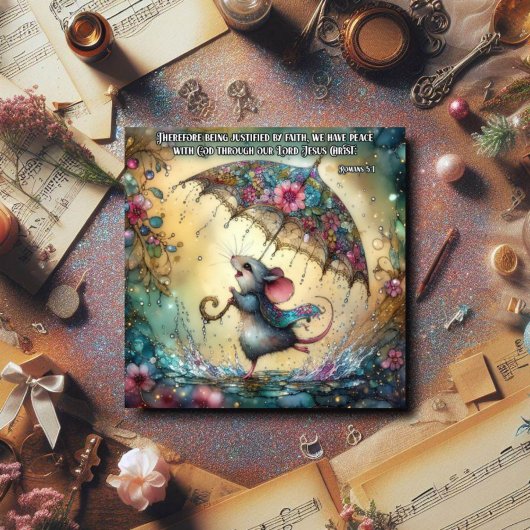 Schattigee Waterverf Muis Regen Paraplu Pasen Feestdagenkaart