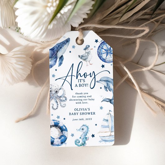 Schattigee Waterverf nautische jongen Baby shower  Cadeaulabel