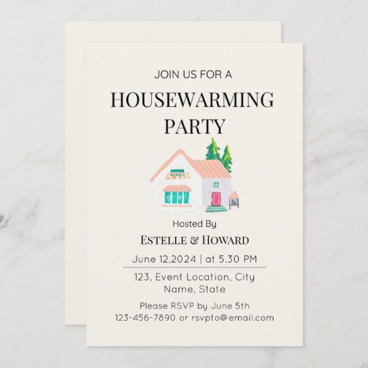 Schattigee Waterverf New Home Housewarming Party Kaart (Voorkant / Achterkant)