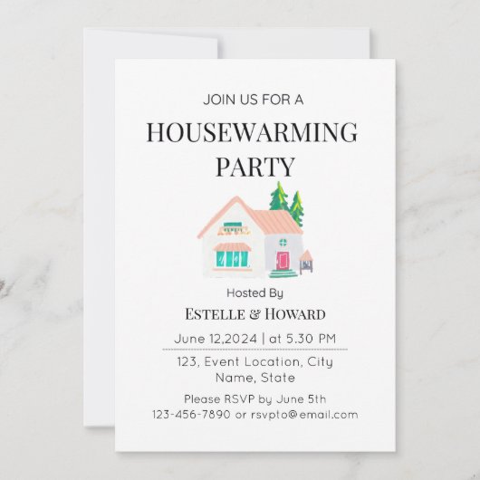 Schattigee Waterverf New Home Housewarming Party Kaart (Voorkant)