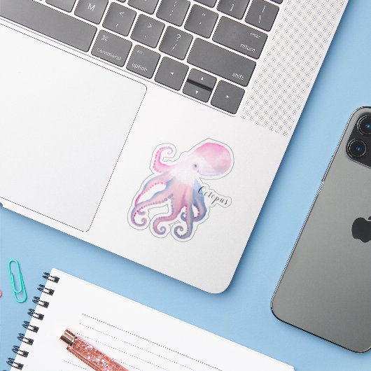 Schattigee waterverf octopus sticker (Laptop met iPhone)