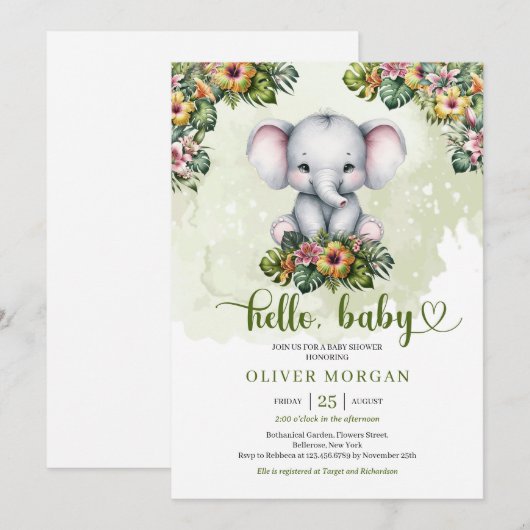 Schattigee waterverf oerwoud baby olifant tropisch kaart (Voorkant / Achterkant)