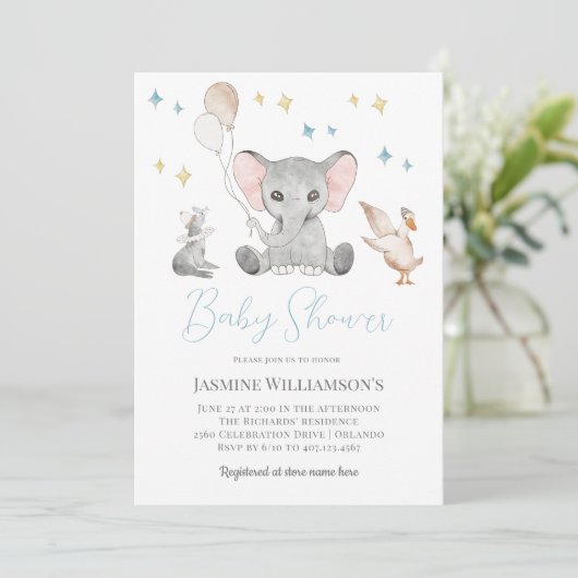 Schattigee waterverf olifant baby shower kaart (Staand voorkant)