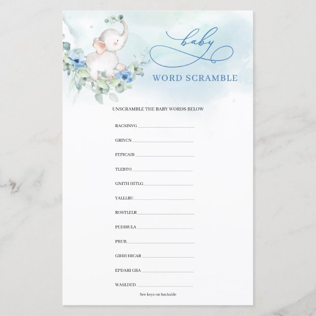 Schattigee waterverf olifant blauw Baby Word Scram (Voorkant)