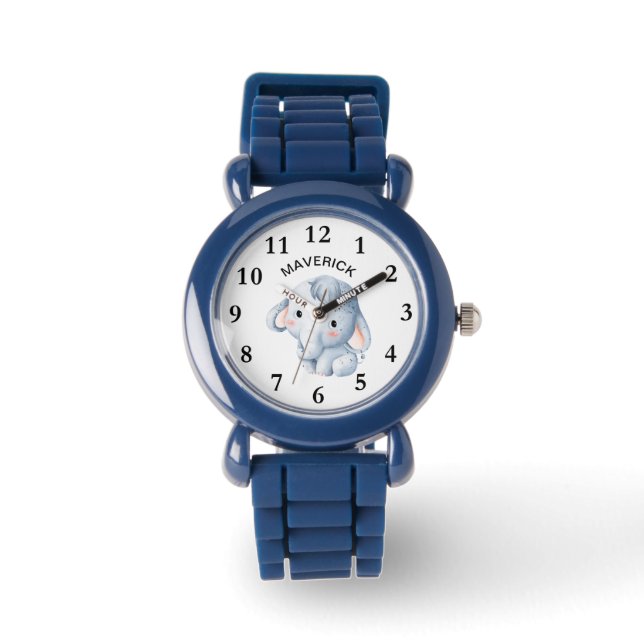 Schattigee Waterverf Olifant Custom Kinder Naam Wa Horloge (Voorkant)