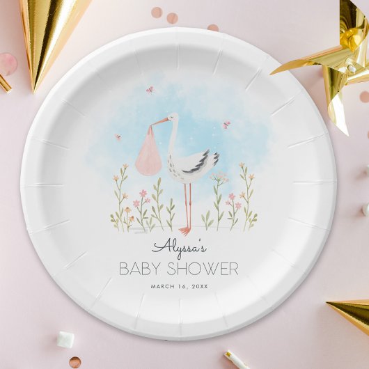Schattigee Waterverf ooievaar Baby shower Papieren Bordje
