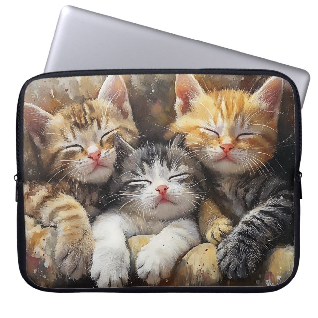 SCHATTIGEE WATERVERF ORANJE & BRUINE TABBY KITTENS LAPTOP SLEEVE (Voorkant)