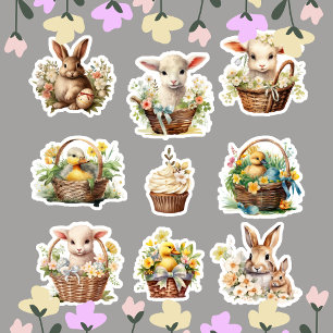 Schattigee Waterverf Paasdieren Lente Vintage Sticker